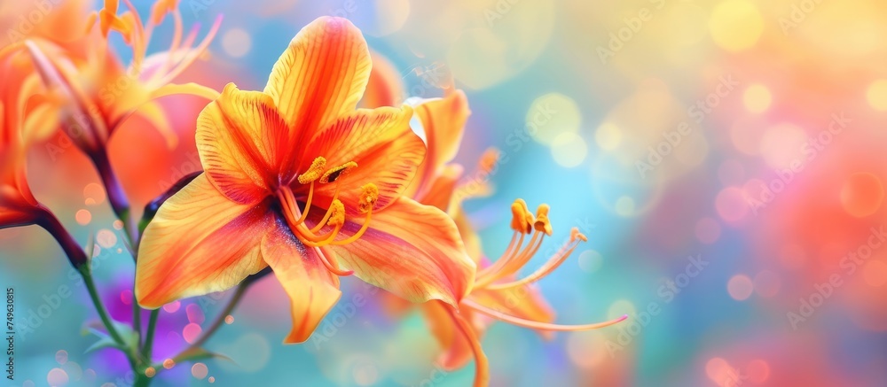 A close-up view of a vibrant orange orchid flower in focus against a blurred background. The detailed petals of the flower stand out, creating a beautiful contrast with the soft, unfocused backdrop.