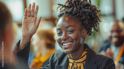 A businesswoman and her colleague high-five in celebration, embodying teamwork in a supportive office environment, with joyful expressions and a backdrop of colleagues.