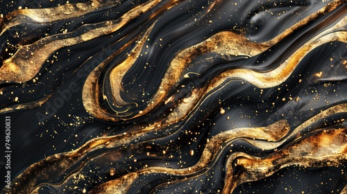Liquid black marble with gold textures. Luxury pattern, golden, fluid illustration. Abstract melted, golden, texture. 3D illustration,