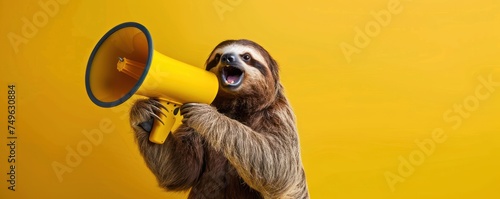 An exuberant sloth happily using a yellow megaphone with a solid yellow background. photo