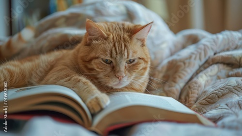 Engaged ginger cat captivated by reading material, illustrating the idea of brainy animals and applicable to educational and literary subjects.