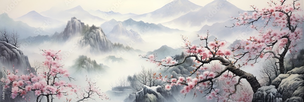 Ancient Oriental Landscape Painting of Cold Mountain Peaks with Cascading Plum Blossoms - Elegant Classical Ink and Wash Art