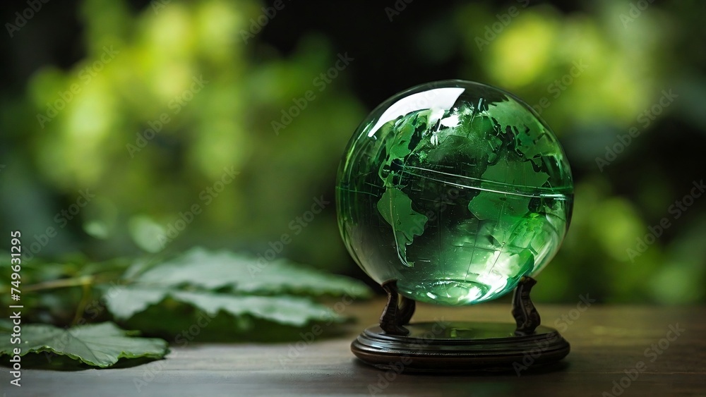 Glass globe resting on green leaf created with generative ai. Glass globe resting on green leaf created with generative ai.