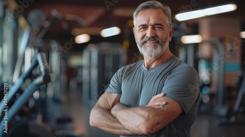 An upbeat middle-aged individual, working out in the gym, looking directly at the camera with a positive expression.