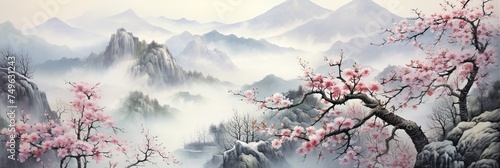 Ancient Oriental Landscape Painting of Cold Mountain Peaks with Cascading Plum Blossoms - Elegant Classical Ink and Wash Art photo