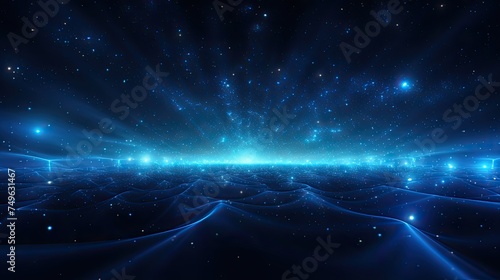 Blue Light Particle Abstract Background with Sparkling Lights and Deep Depths. Dark Blue Background with Particles Forming Various Elements
