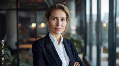 A portrayal of a suit-clad professional woman standing confidently in her workplace.