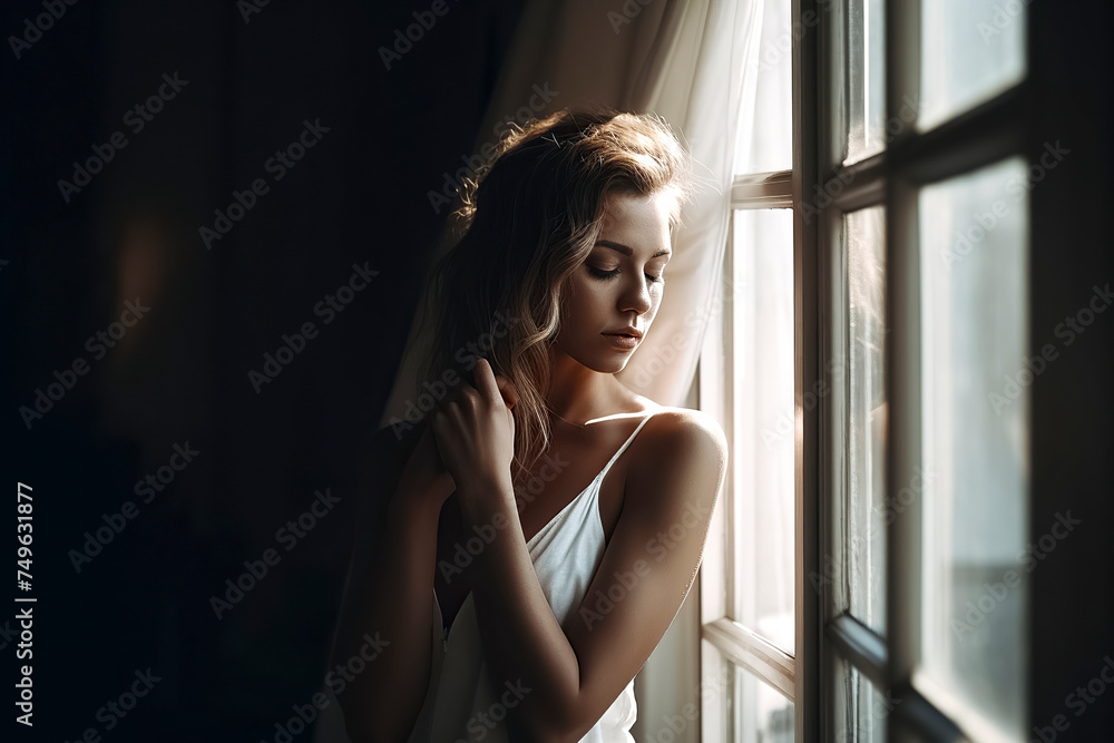 a serene scene of a woman near a window, bathed in sunlight, creating an introspective atmosphere, ai generative a serene scene of a woman near a window, bathed in sunlight, creating an introspective atmosphere, ai generative