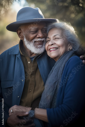 black elderly couple hugging happily in a park, ai generative