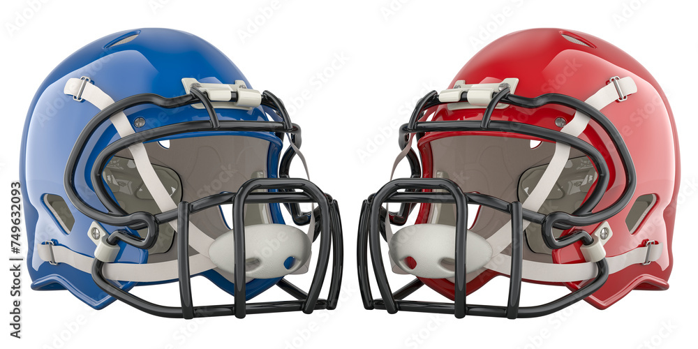 American football helmets, red and blue. 3D rendering isolated on transparent background American football helmets, red and blue. 3D rendering isolated on transparent background