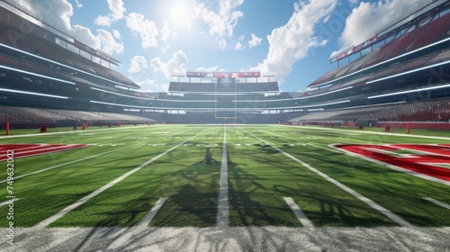 American football stadium with red and white lines on the field and empty stands photo