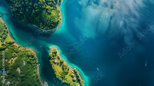 A beautiful blue lake with trees surrounding it, aerial landscapes
