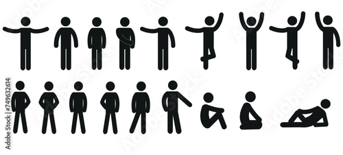 icons of a human figure, a set of silhouettes of human figures, a pictogram, various gestures and poses, a person standing, sitting, lying, flat vector illustration #749632614