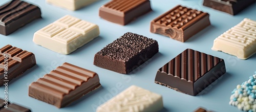 A variety of different types of chocolate bars are neatly arranged on a blue table. The chocolate bars have various flavors and textures, ranging from dark chocolate to milk chocolate. Some bars are photo