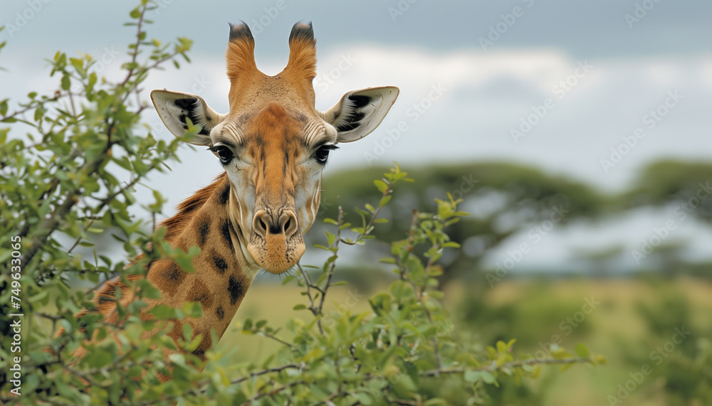 Obraz premium A giraffe peeks through the leaves of a tree with a soft gaze and a serene posture