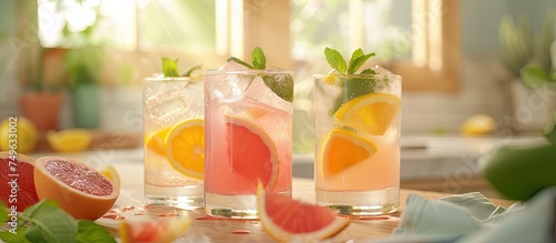 A couple of glasses are filled with different types of homemade revitalizing drinks made from fresh ingredients rich in vitamin C. Each glass holds a unique blend of colorful and nutritious beverages.