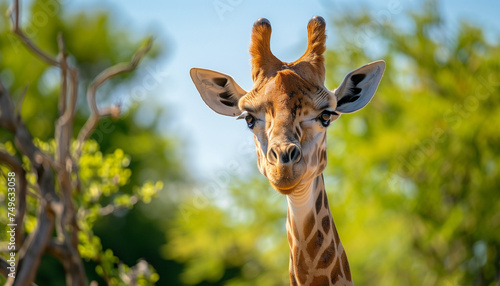 A giraffe with a long neck and spotted fur stands calmly among green trees, looking directly at the camera