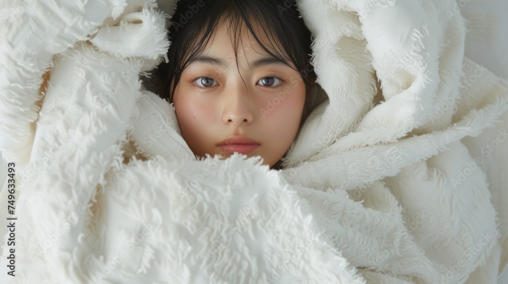 Portrait of an Asian woman with long black hair looking at the camera wrapped in a thick white towel. Warm, water-absorbing. Created with Generative AI. Portrait of an Asian woman with long black hair looking at the camera wrapped in a thick white towel. Warm, water-absorbing. Created with Generative AI.