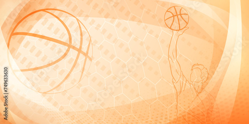 Basketball themed background in orange tones with abstract meshes, curves and dots, with a male basketball player and ball
