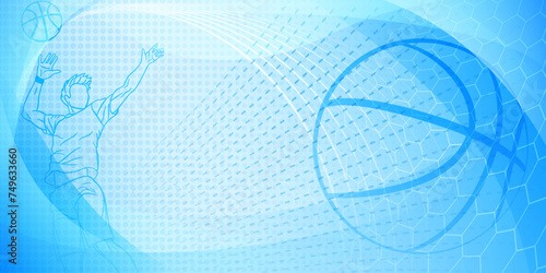Basketball themed background in blue tones with abstract lines, meshes and dots, with a male basketball player and ball