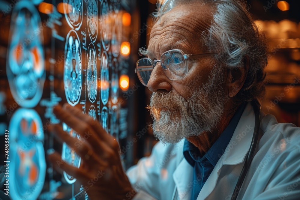 Medical professional examining anatomical visuals on modern interface Medical professional examining anatomical visuals on modern interface