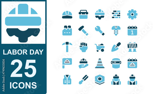 labor day icon set.duo tone style.contains helmet,labor day,tool box,brick,gear,factory,hammer,wrench,bolt,mayday,calendar.vector illustration.