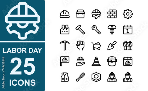 labor day .bold outline style.contains helmet,labor day,tool box,brick,gear,factory,hammer,wrench,bolt,mayday,calendar,pickaxe,fist,wheel barrow,spade,barrier,flag.