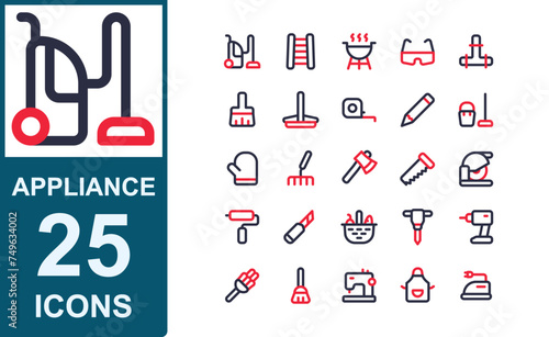 household appliances icon.2 line color style.contains basket,drill,electric drill,feather duster,broom,sewing machine and other.vector illustration
