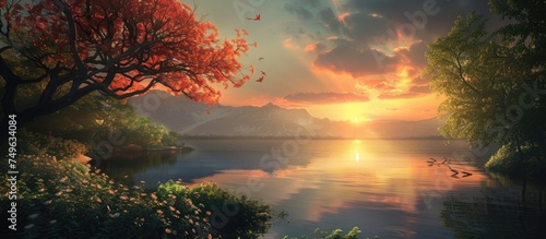 A painting depicting a vivid sunset casting a warm orange glow over a calm lake, reflecting the colorful sky and silhouettes of trees. The scene captures the beauty of nature at dusk.