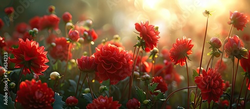 A cluster of stunning red flowers stands out in a field, fully blossomed and vibrant under the morning light. The flowers add a pop of color to the landscape and attract bees and butterflies for