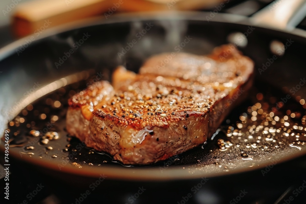 Looking into a frying pan while searing a steak. Looking into a frying pan while searing a steak.