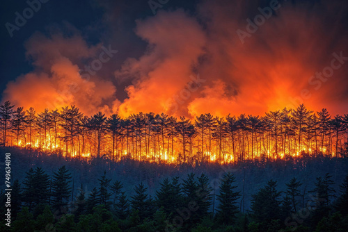 Wildfire blazing through a forest at dusk