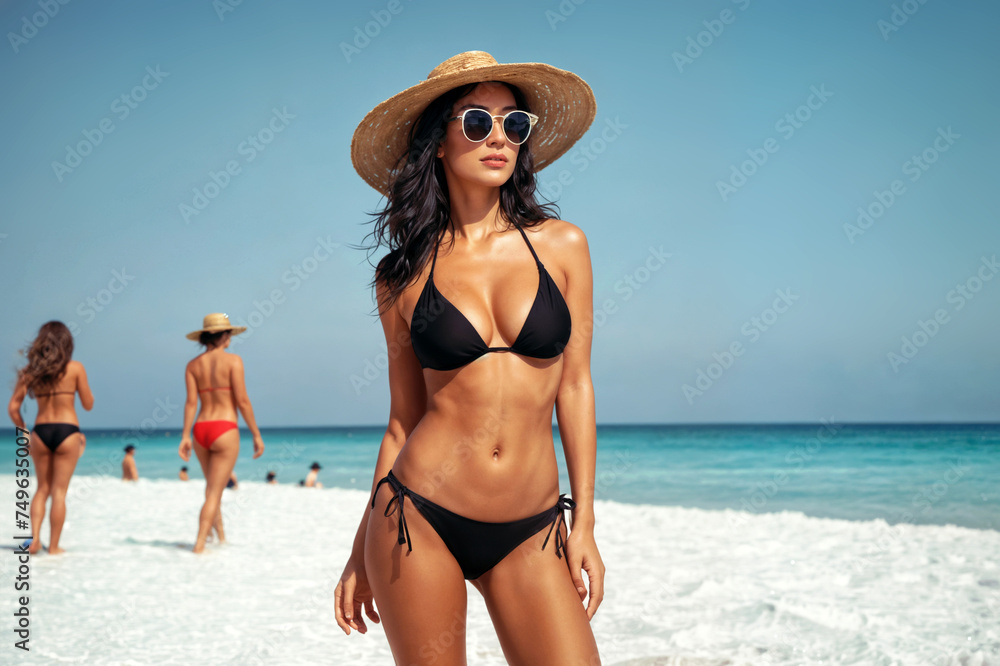 Beautiful young woman in swimsuit and hat on tropical sand beach.