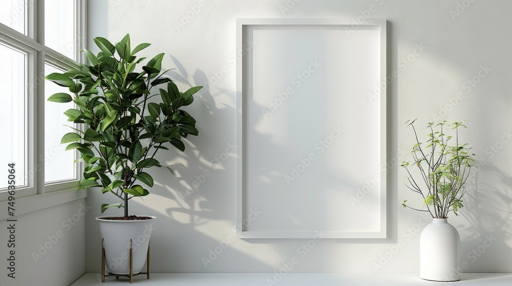A minimalist white picture frame hangs on the back wall. Add simplicity but elegance to the space. A minimalist white picture frame hangs on the back wall. Add simplicity but elegance to the space.