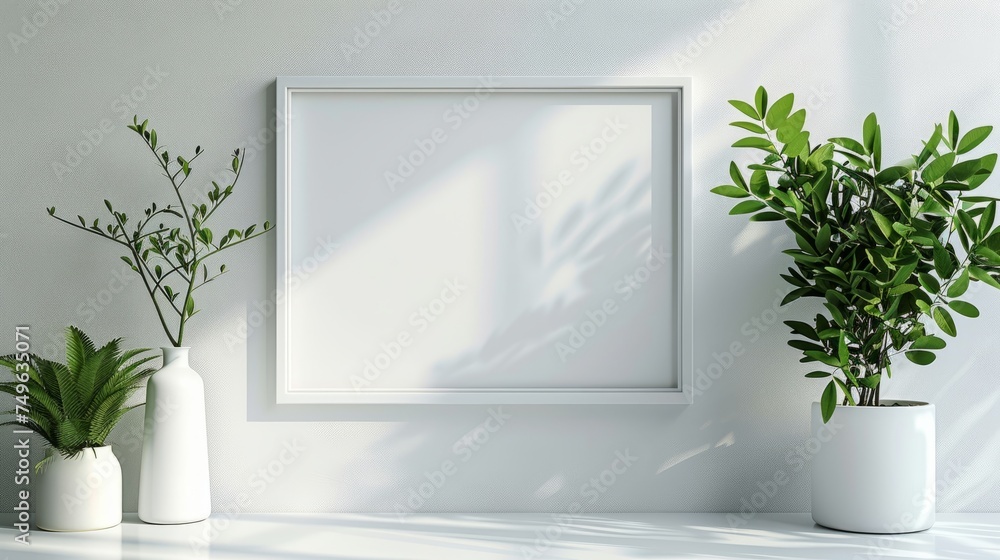 A minimalist white picture frame hangs on the back wall. Add simplicity but elegance to the space. A minimalist white picture frame hangs on the back wall. Add simplicity but elegance to the space.