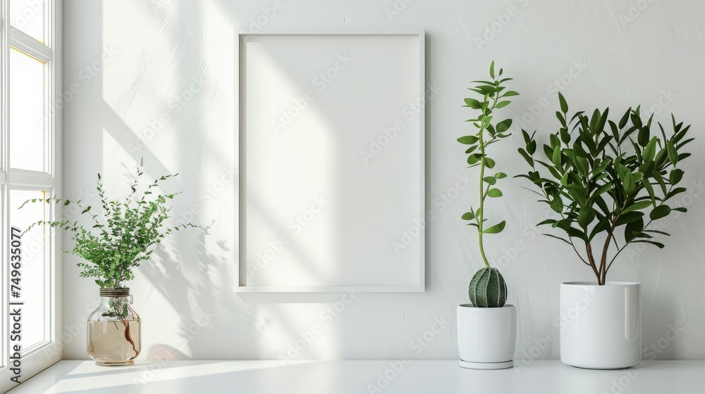 A minimalist white picture frame hangs on the back wall. Add simplicity but elegance to the space. - obrazy, fototapety, plakaty 