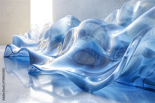 abstract 3d blue stacked glass 3d rendering, in the style of monochromatic white figures, shaped canvas, biomorphic forms, hard edge painting. Generative AI photo