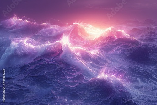 an abstract blue and purple sunset beach scene, in the style of futuristic chromatic waves. Generative AI © Skiffcha