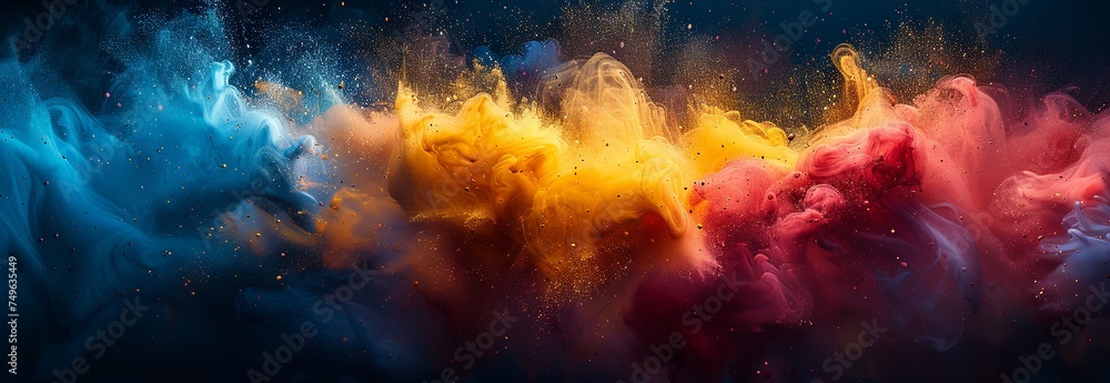 the blue and red colours in the background of a black background, in the style of liquid emulsion printing, yellow and cyan, smokey background. Generative AI