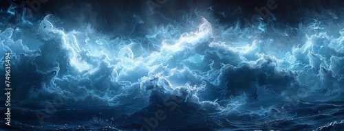 digital painting photorealistic image of dusty blue stage at night with cloud of smoke  in the style of calm waters  high horizon lines  light silver and dark black  textured canvas  glowing neon. Gen