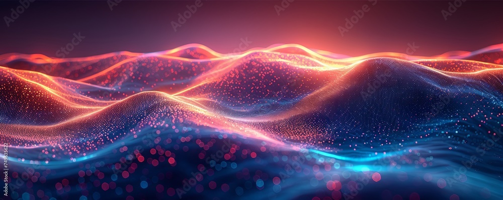 technographic background with colorful waves, in the style of pointillist dots, dark sky-blue, luminous 3d objects, shaped canvas, neon grids. Generative AI technographic background with colorful waves, in the style of pointillist dots, dark sky-blue, luminous 3d objects, shaped canvas, neon grids. Generative AI