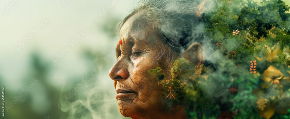 A mature Indian woman's serene profile is harmoniously blended with tranquil evergreen scenery, reflecting wisdom interwoven with nature.