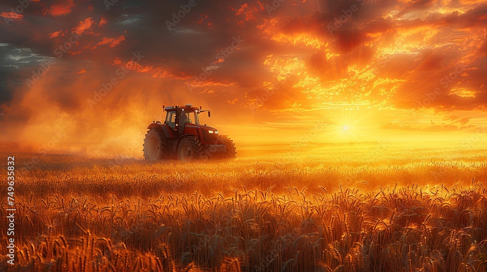 Naklejka premium combine harvester cropping yellow wheat in the autumn field, dark turquoise and light crimson, red and indigo, dark gold and crimson. Generative AI