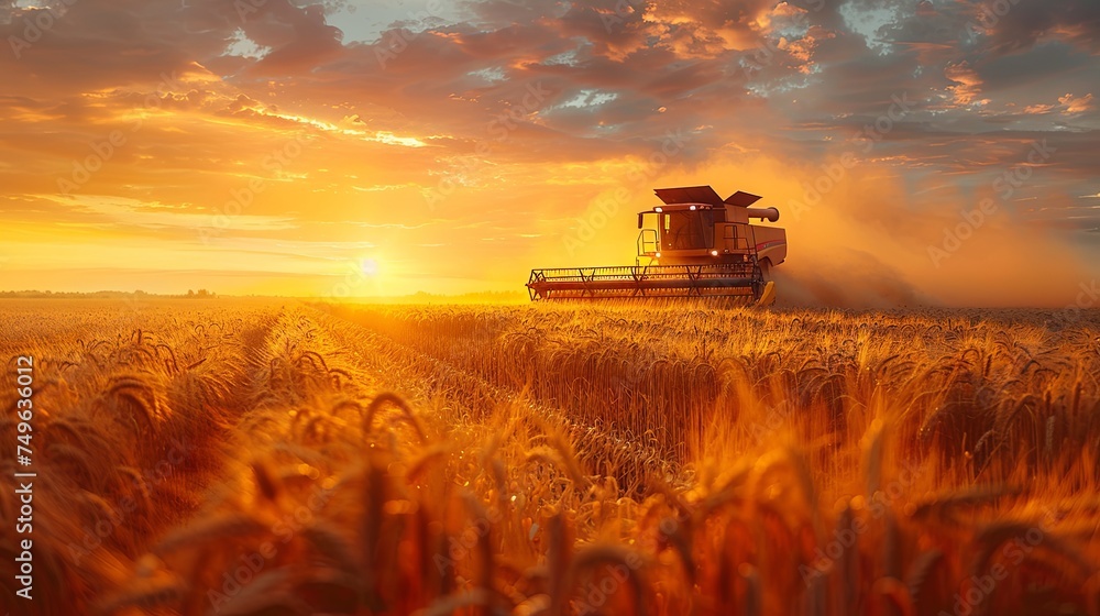 Fototapeta premium combine harvester cropping yellow wheat in the autumn field, dark turquoise and light crimson, red and indigo, dark gold and crimson. Generative AI