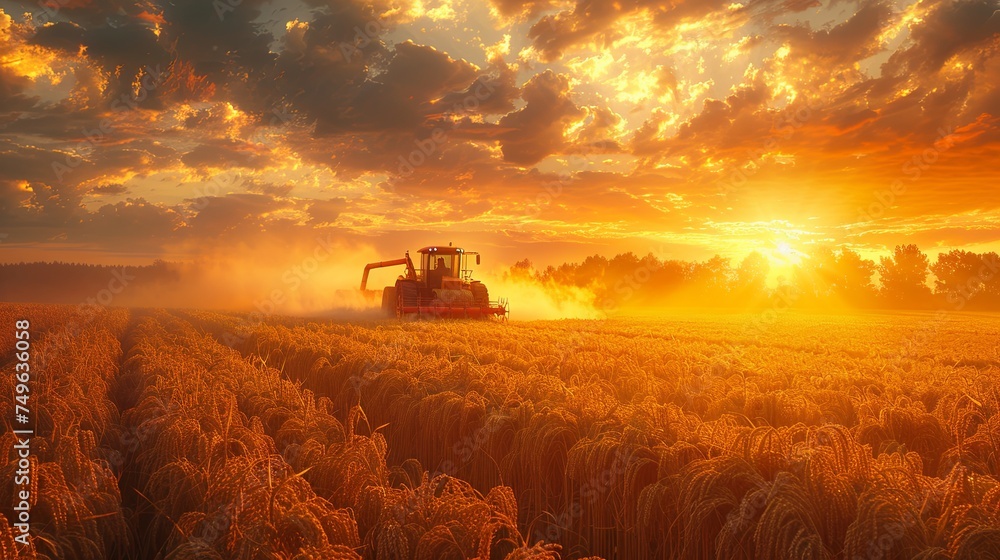 Fototapeta premium combine harvester cropping yellow wheat in the autumn field, dark turquoise and light crimson, red and indigo, dark gold and crimson. Generative AI
