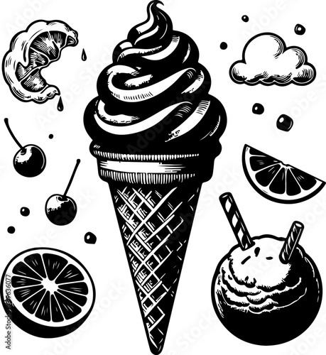 Ice cream black outline vector illustration.