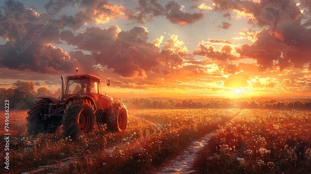Fototapeta premium combine harvester cropping yellow wheat in the autumn field, dark turquoise and light crimson, red and indigo, dark gold and crimson. Generative AI