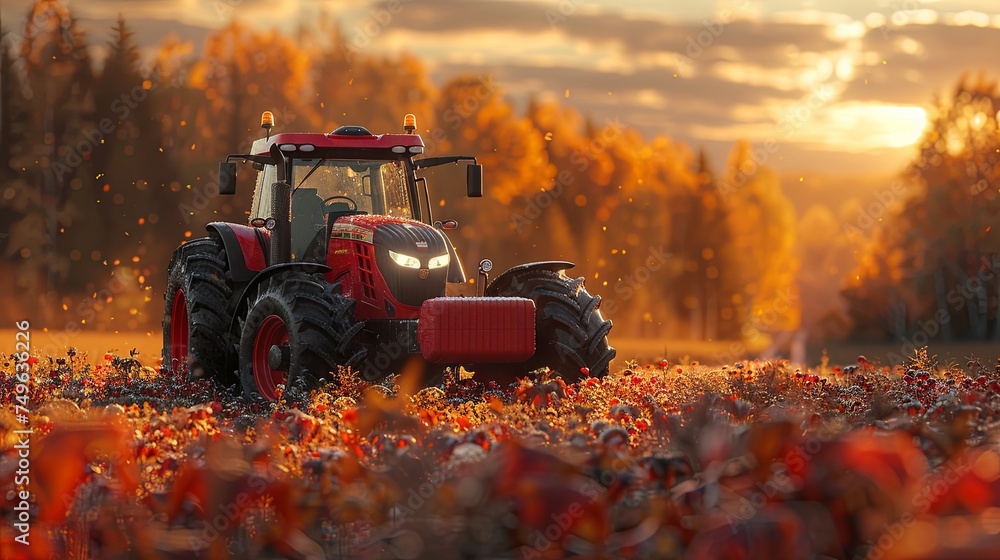 combine harvester cropping yellow wheat in the autumn field, dark turquoise and light crimson, red and indigo, dark gold and crimson. Generative AI combine harvester cropping yellow wheat in the autumn field, dark turquoise and light crimson, red and indigo, dark gold and crimson. Generative AI