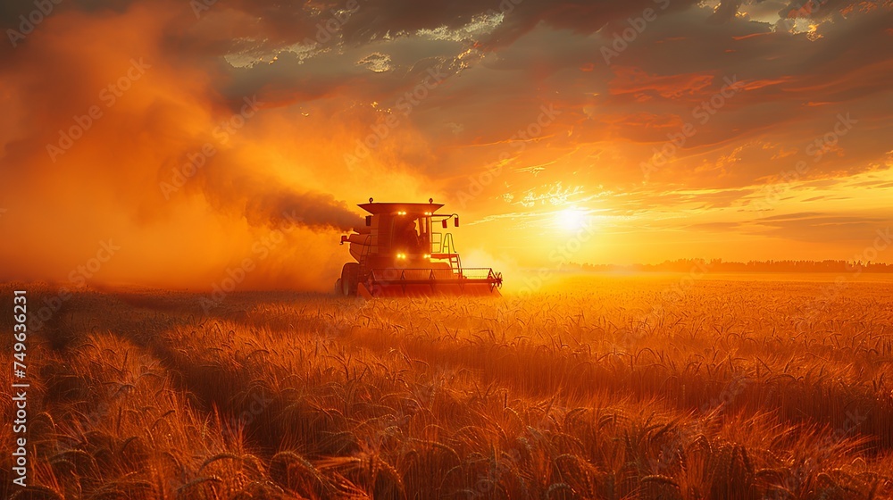 Fototapeta premium combine harvester cropping yellow wheat in the autumn field, dark turquoise and light crimson, red and indigo, dark gold and crimson. Generative AI