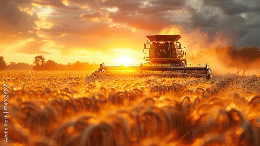 Fototapeta premium combine harvester cropping yellow wheat in the autumn field, dark turquoise and light crimson, red and indigo, dark gold and crimson. Generative AI